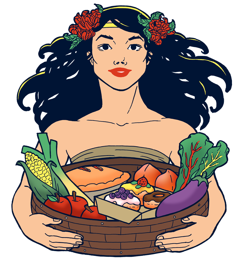 Illustration of a woman holding a basket with fresh produce