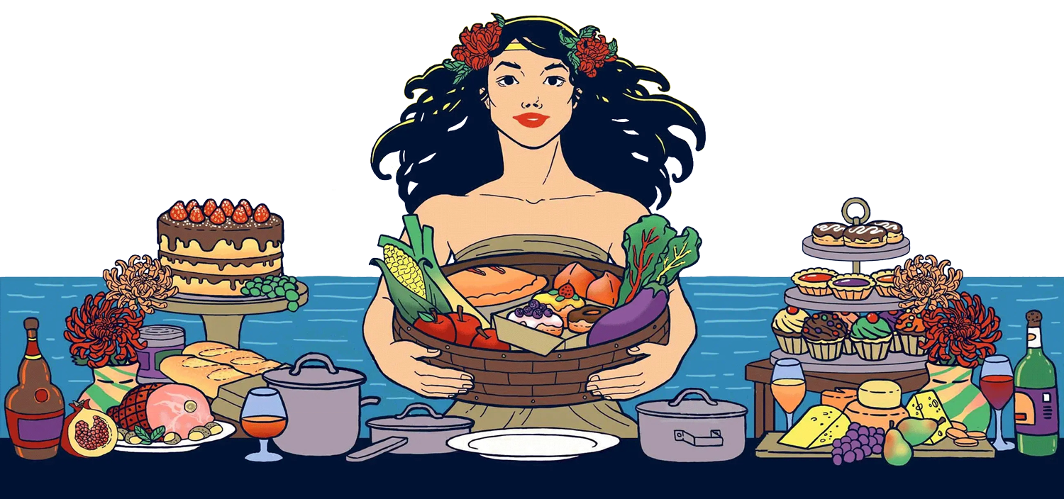 Illustration of a woman holding a basket with fresh produce, surrounded by a table of pastries and charcuterie.